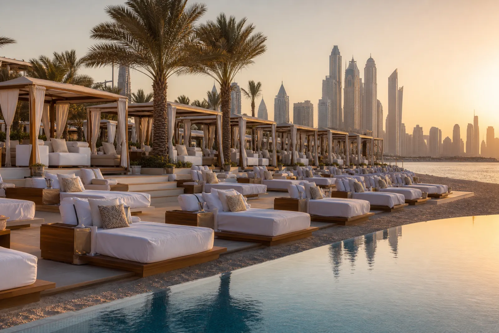 Dubai beach club with skyline views and premium cabanas