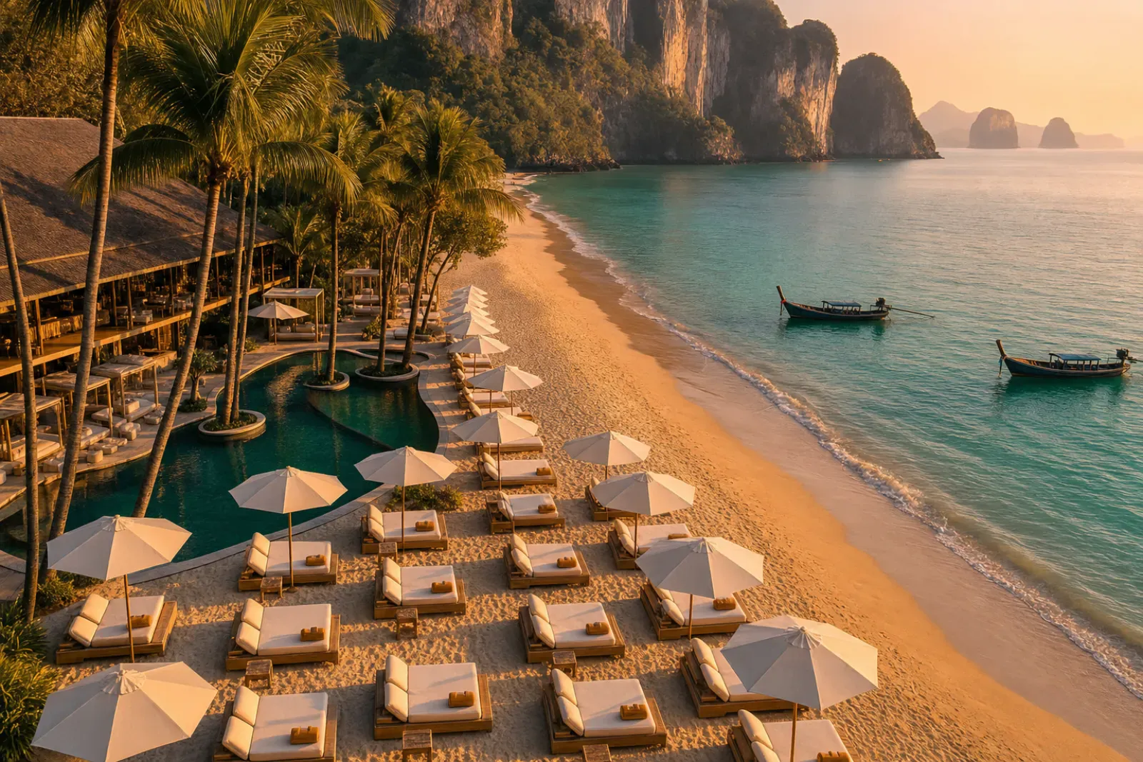 Phuket beach club at golden hour with daybeds, longtail boats and limestone headland