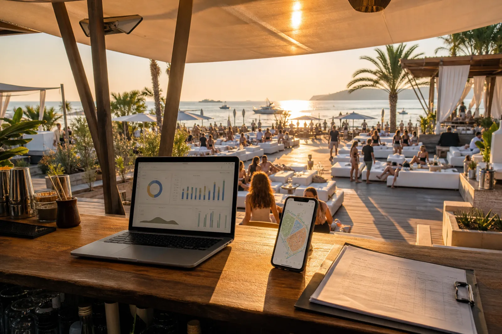 Beach club marketing dashboard showing bookings as the conversion event