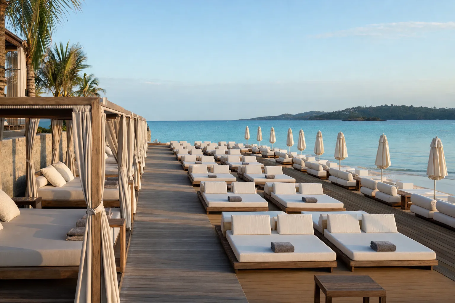 Rows of identical empty daybeds and cabanas along a beach club deck in morning light before service