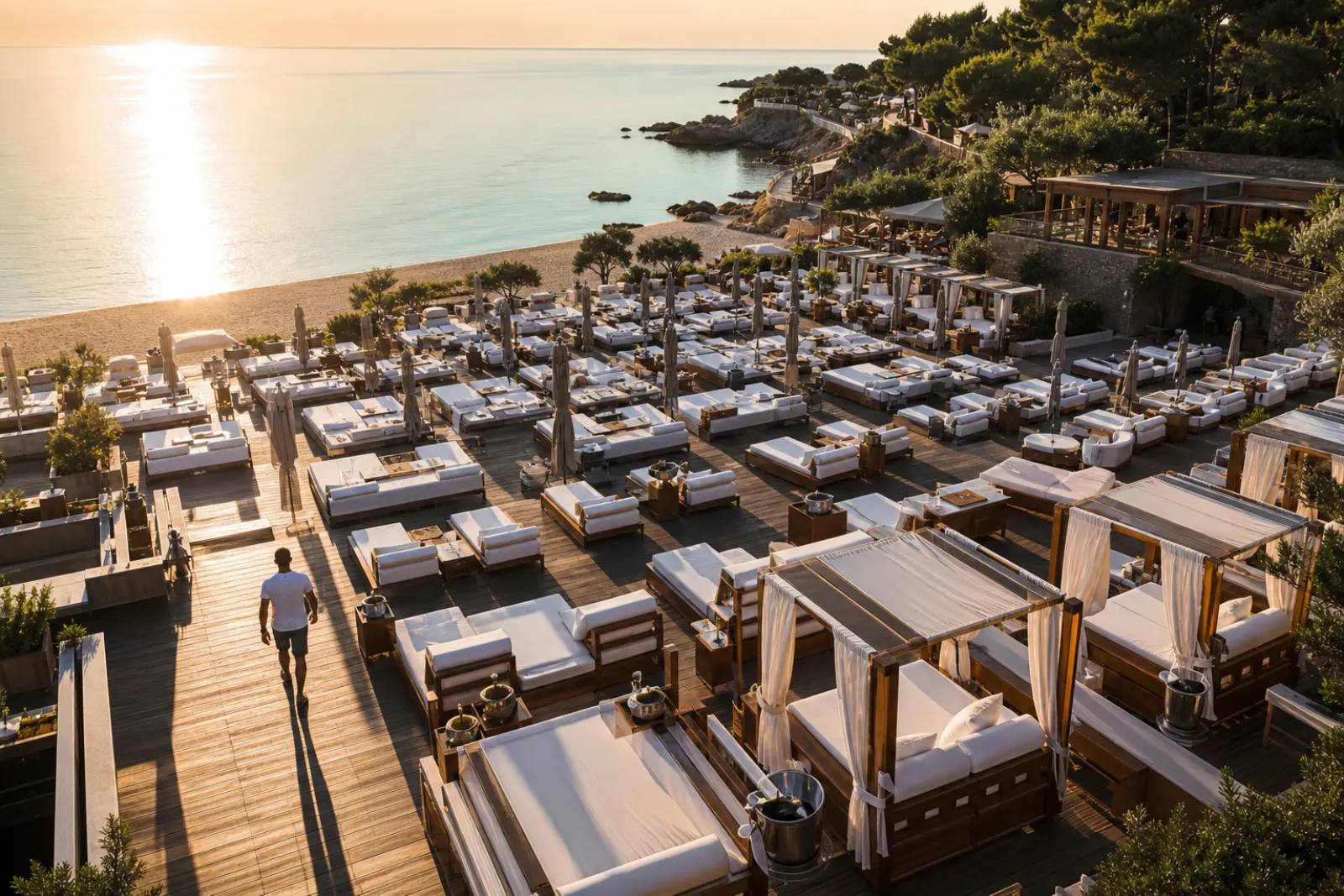 Premium beach club with an interactive map booking flow on a phone