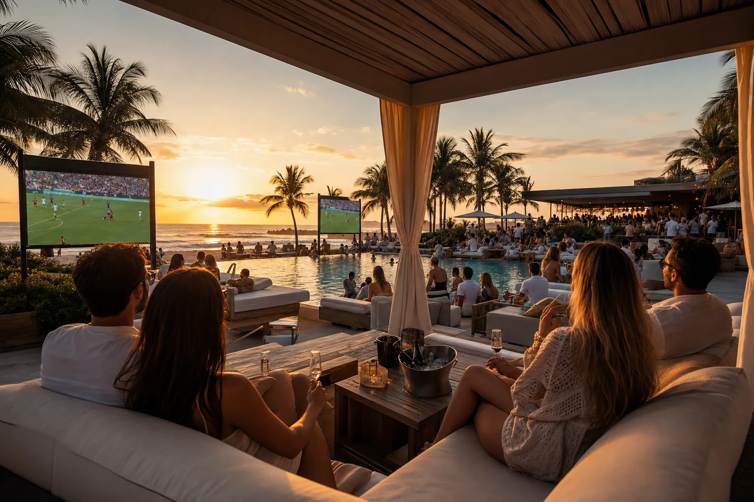 Crowd watching a big match on screens at a beach club at sunset