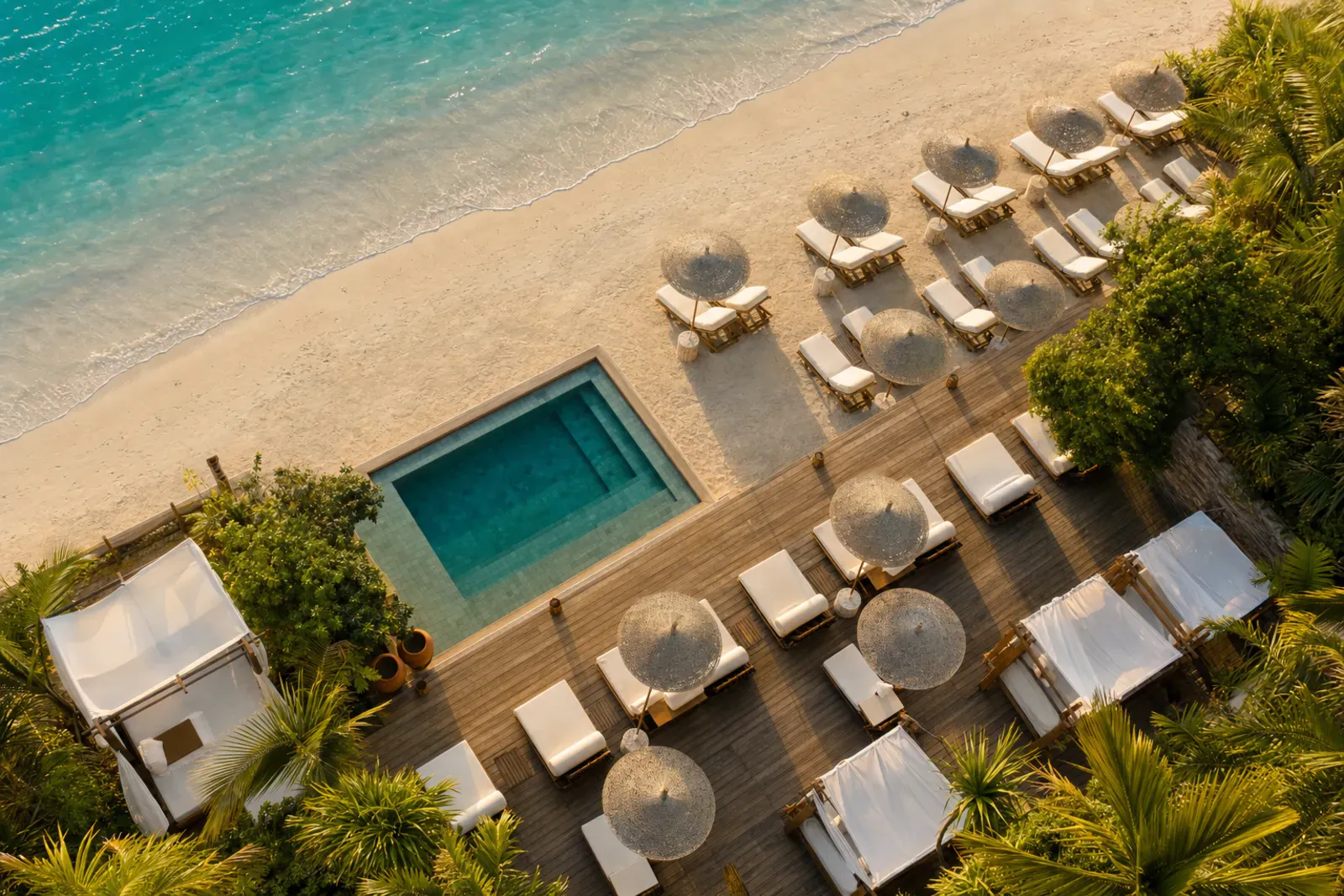 Aerial view of a tropical beach club deck with sunbeds, umbrellas, and cabanas beside the sea