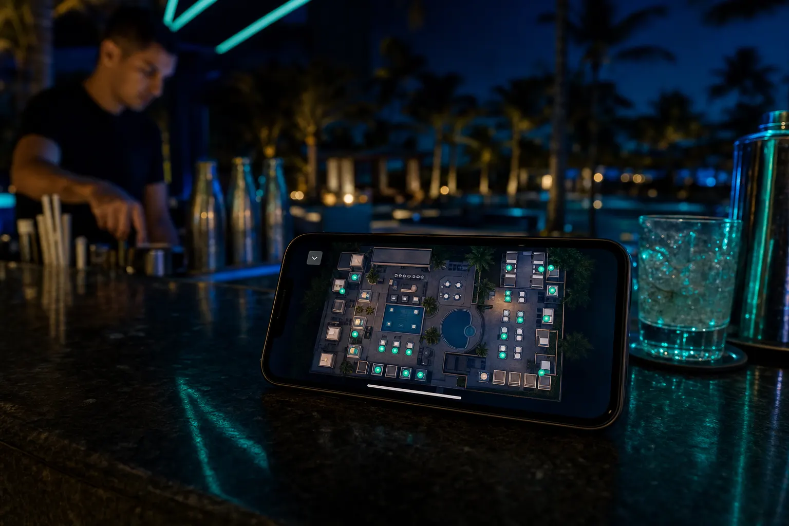 A phone showing a venue booking screen on a bar counter at night, staff working in the background
