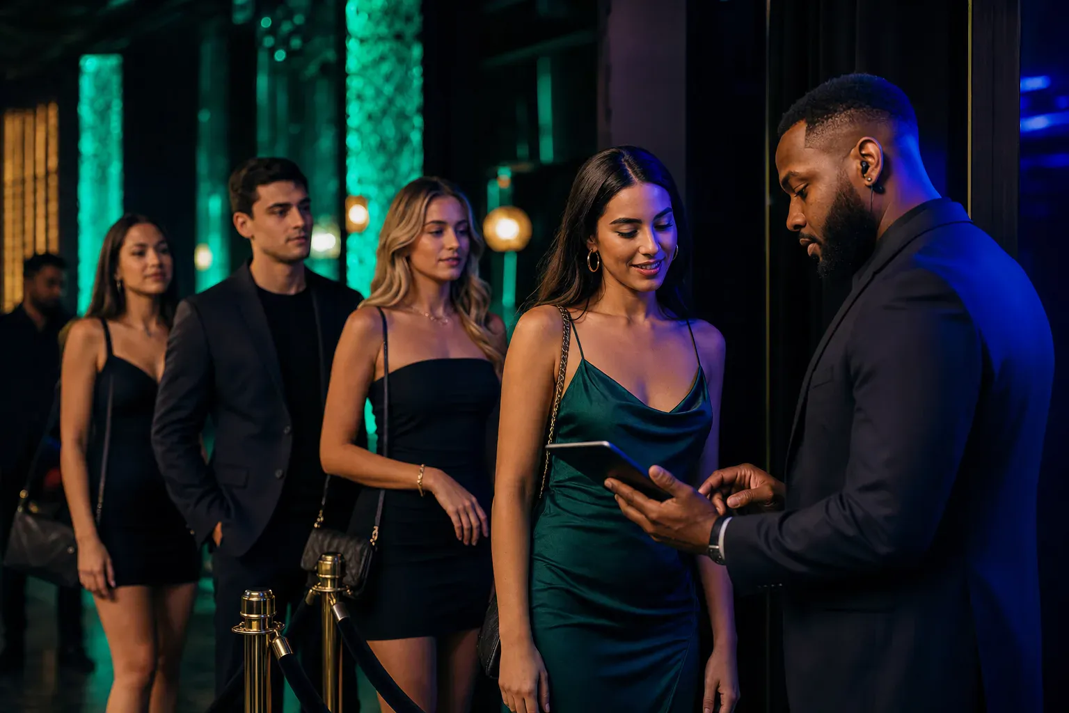 A promoter checking guests in against a list at a nightclub entrance