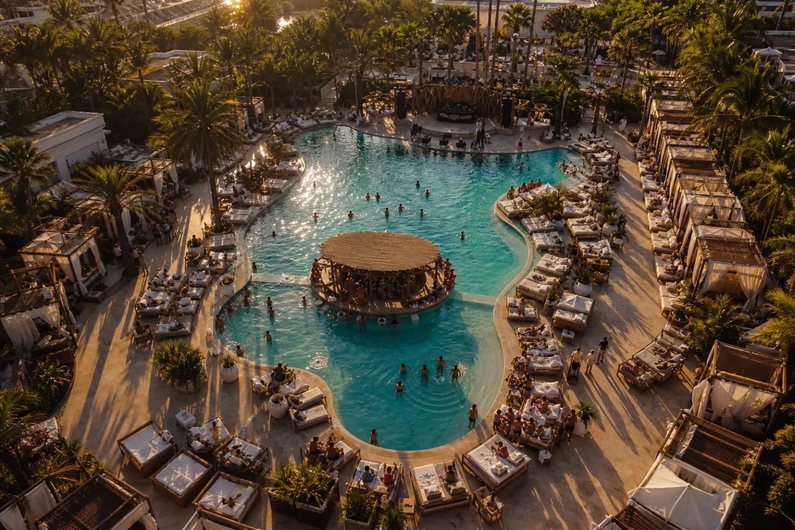 Day club pool with daybeds and cabanas ready for a pre-sold Saturday