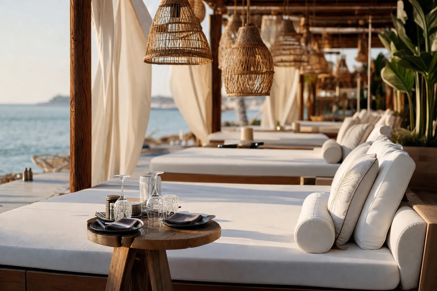 Row of premium beachfront daybeds with white cushions and a low table set for service, empty and ready before opening