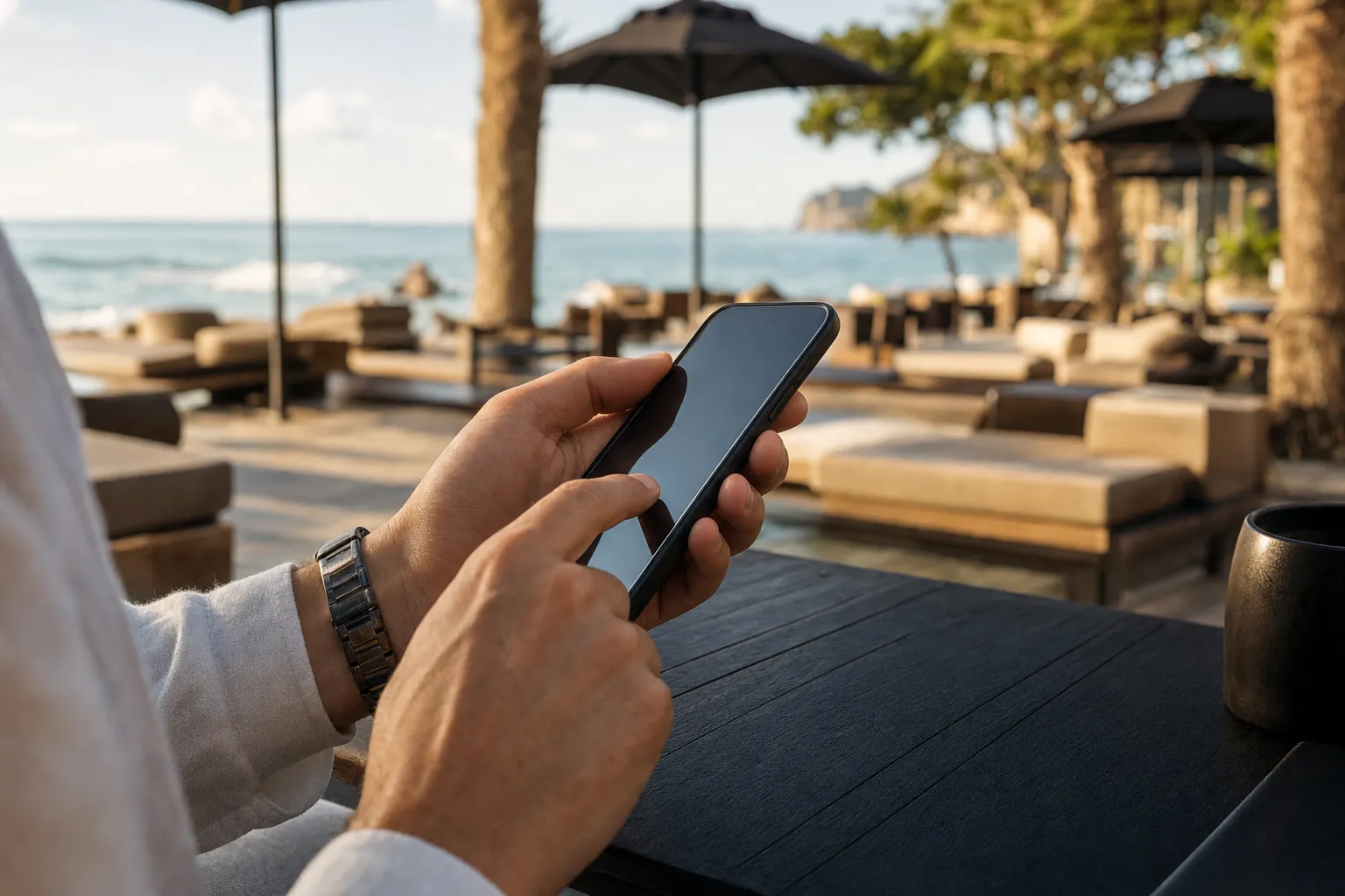 Guest completing a beach club booking payment on a phone, sun loungers and sea softly out of focus behind