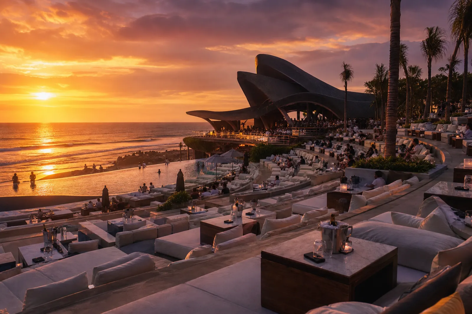 FINNS Beach Club Bali pool and daybed flagship at golden hour