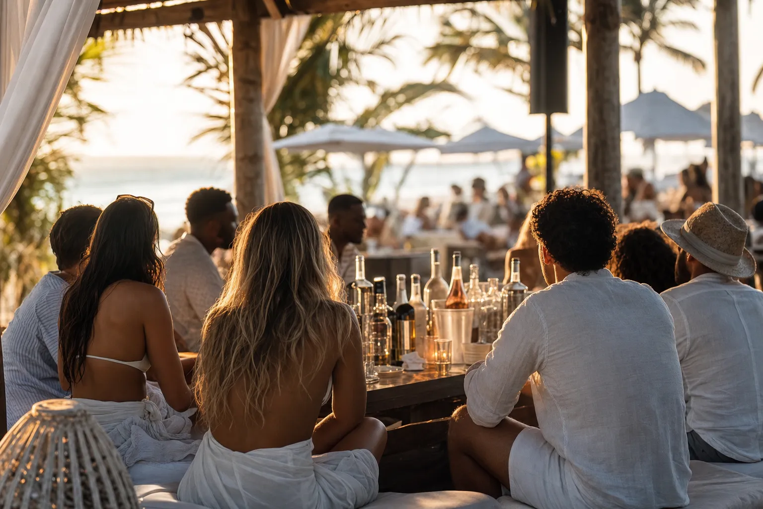 Large group of guests seated around a reserved cabana table at a beach club, bottles and glassware on the table, late afternoon