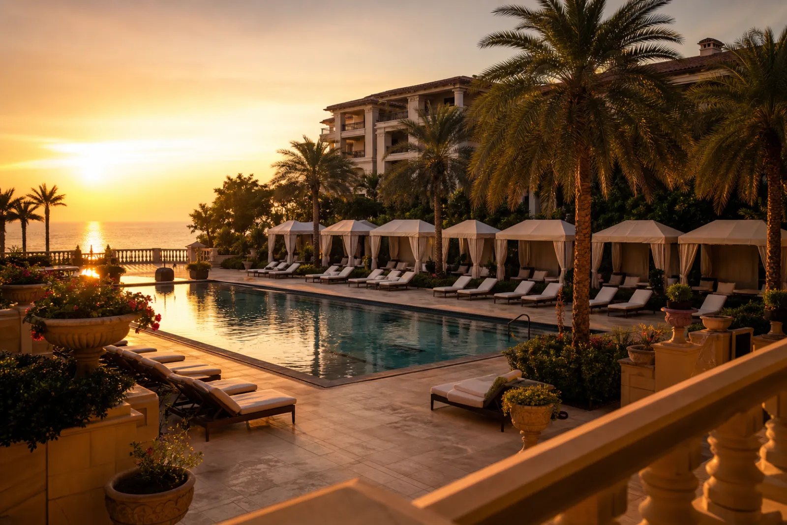 Hotel pool deck with numbered sunbeds and premium cabanas