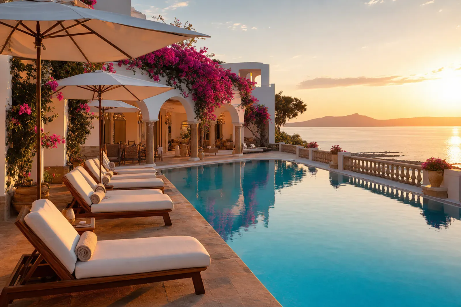Mediterranean resort pool deck at golden hour with sunbeds, parasols, and a sea view