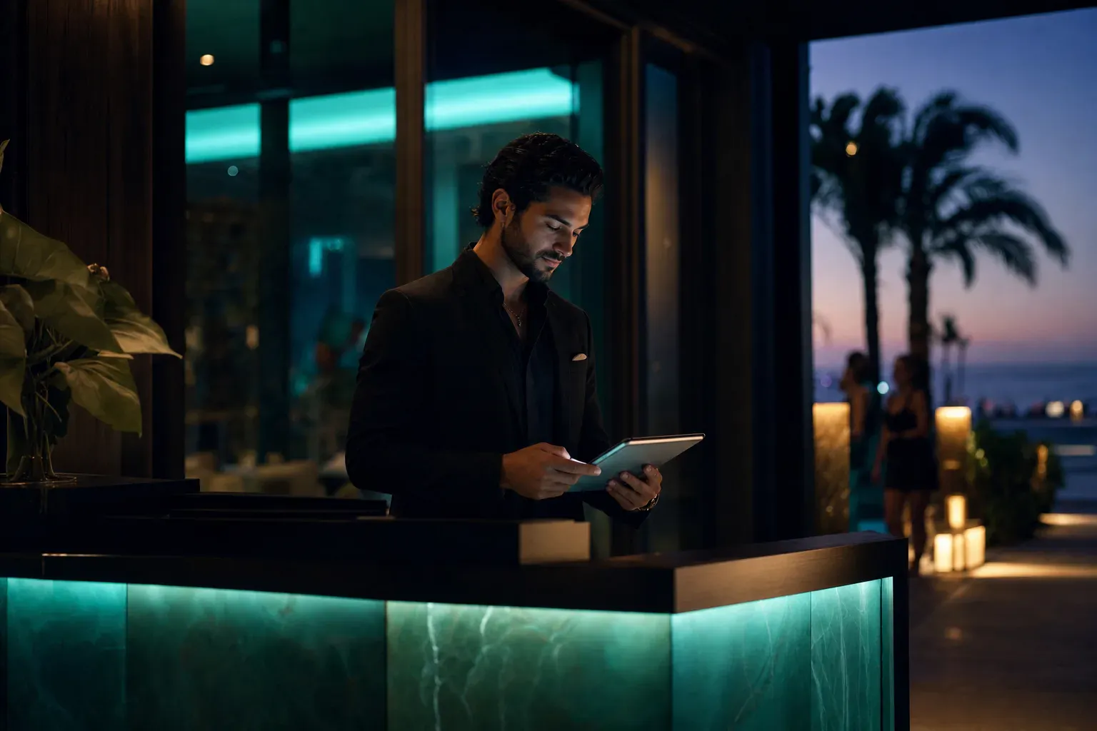 A host building a guest list on a tablet at a venue entrance