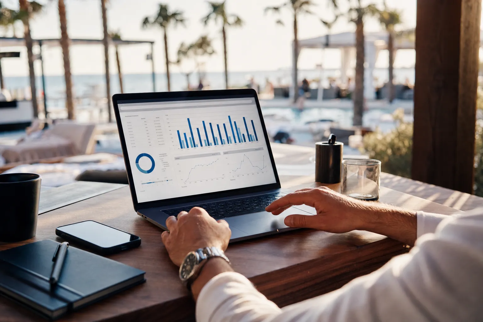 Marketing manager at a beach club reviewing audience performance on a laptop at a poolside office desk in late afternoon light