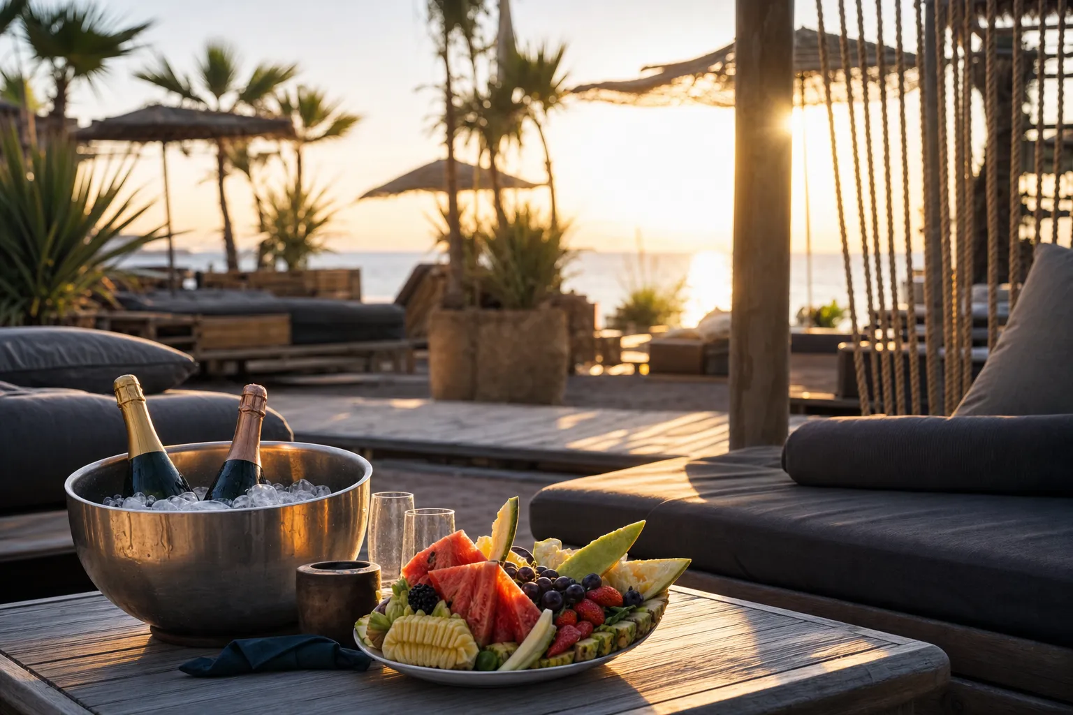 Reserved beach club daybed in late afternoon with two bottles in an ice bucket and a fruit platter on the table