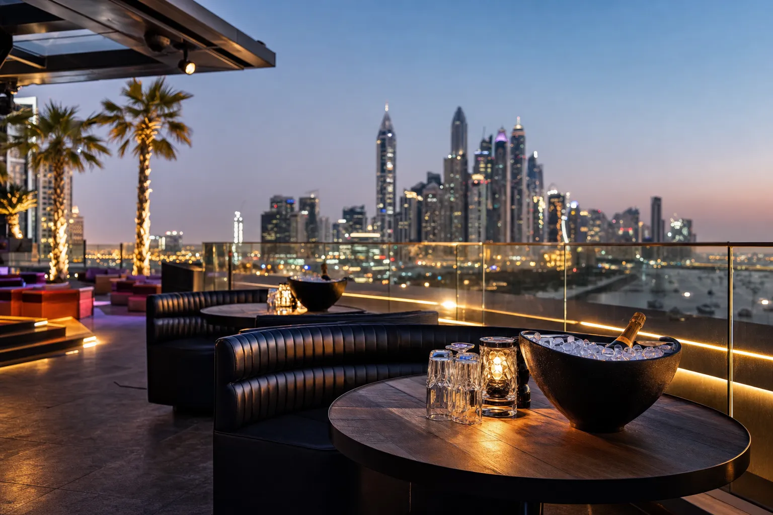 Premium Dubai rooftop nightclub an hour before opening, VIP booths set with ice buckets and glassware against a lit city skyline