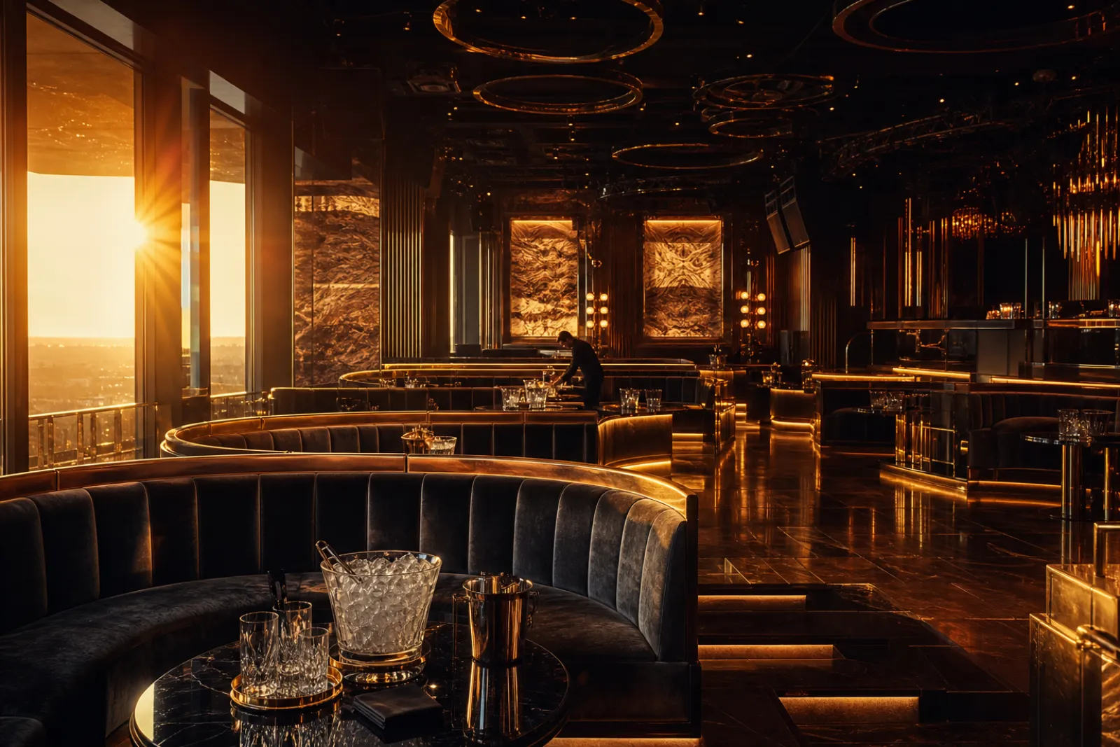 Nightclub VIP tables with bottle service under low light