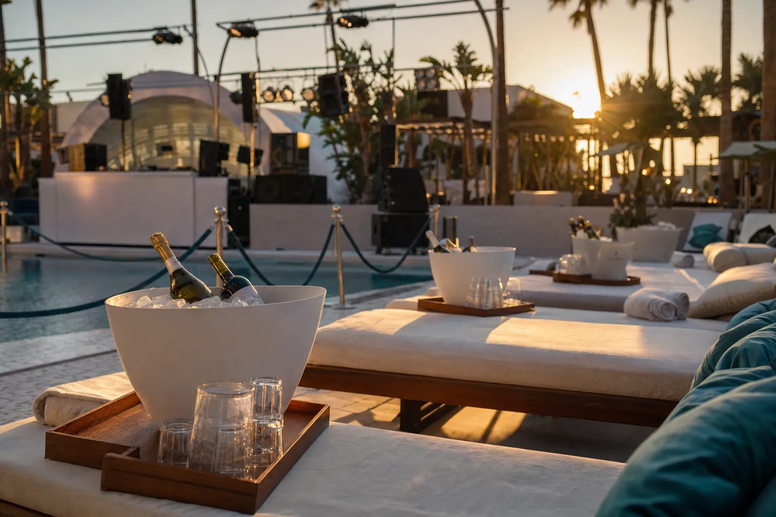 Day club pool at golden hour set up for an event with a DJ booth being sound-checked and daybeds carrying reserved ice buckets