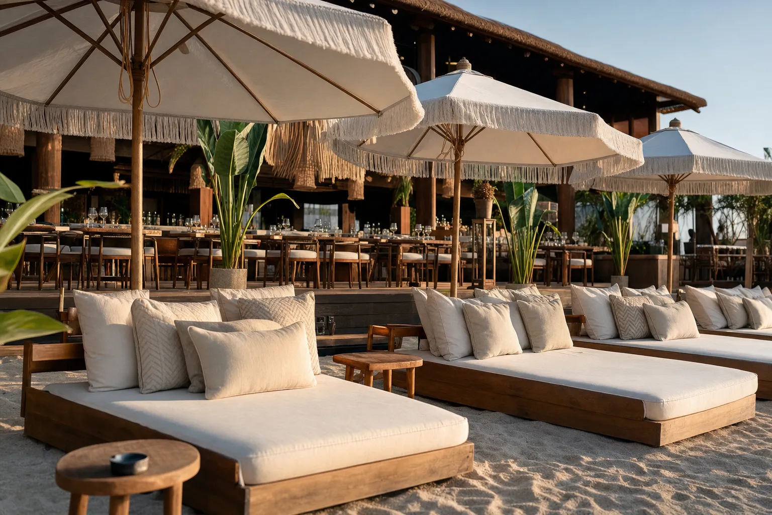 Beach club at late afternoon with front-row daybeds under parasols in the foreground and a set restaurant terrace behind them