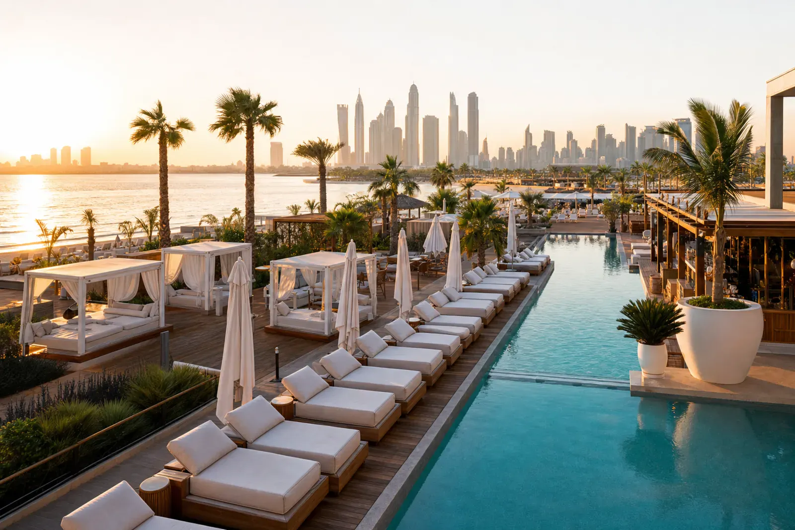 Daybeds and cabanas at a Dubai beach club at golden hour with the city skyline behind