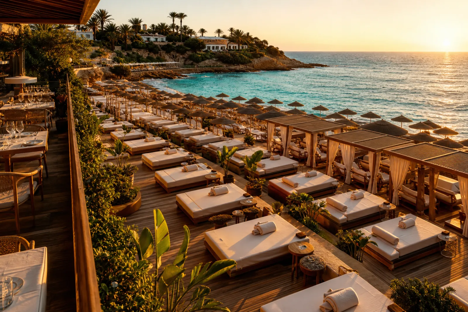 Beach club furniture map on a tablet beside a restaurant floor plan