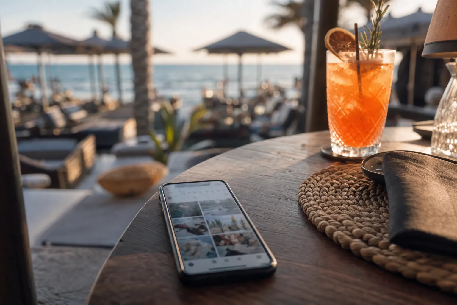 Phone on a beach club table showing a social feed, cocktail and sea view softly out of focus behind