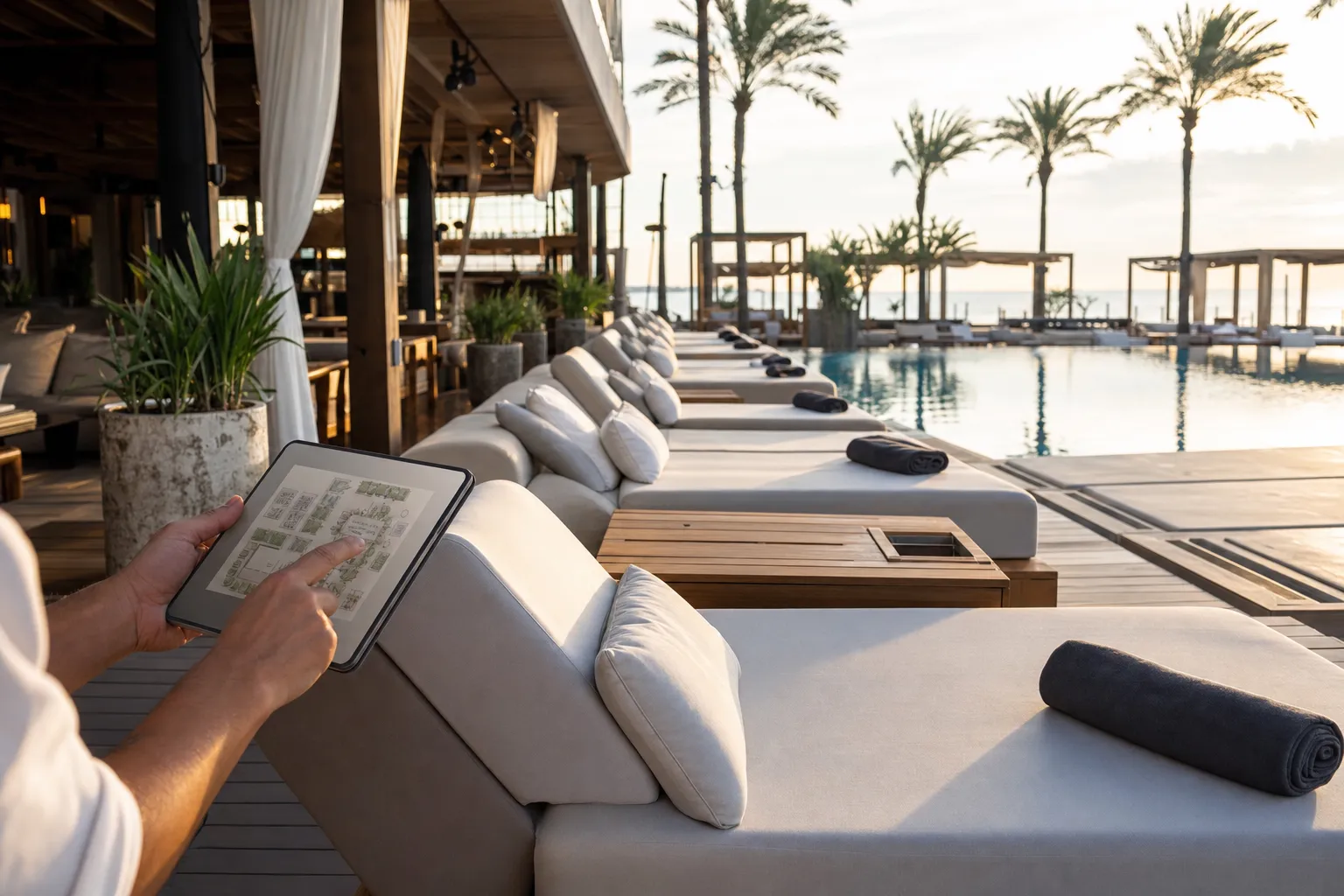 Hotel pool deck in early morning with made-up daybeds and a staff tablet showing a floor plan before guests arrive