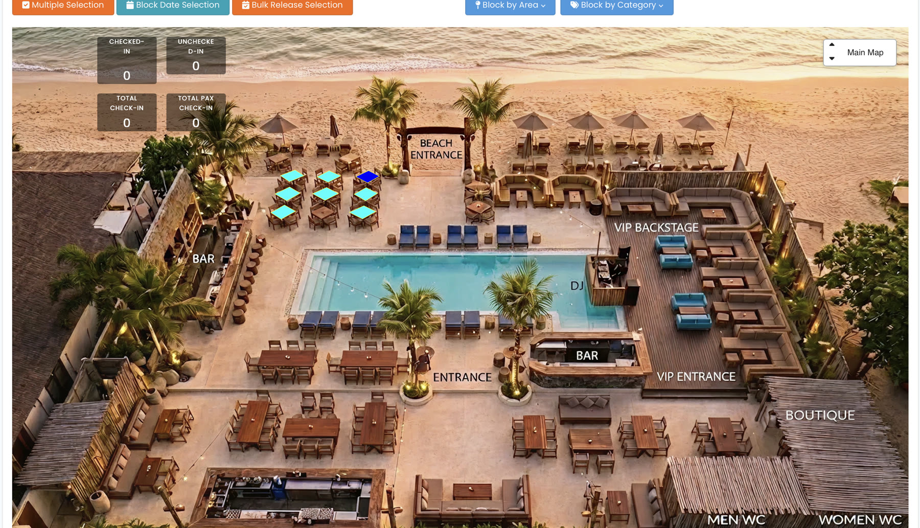 Clubtech guest seat map: a real beach club layout with pool, beds, bar, VIP backstage and entrances, plus block-by-area, block-by-date, bulk-release and live check-in totals.