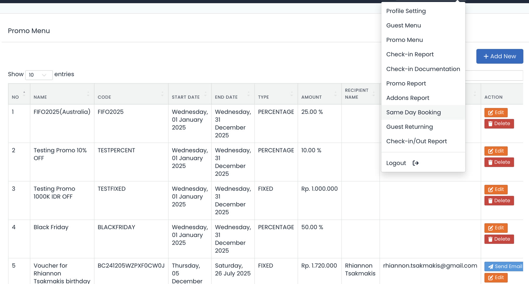 Clubtech promo menu listing percentage and fixed promo codes with start and end dates, beside the admin navigation for check-in, promo, addons and check-in/out reports.