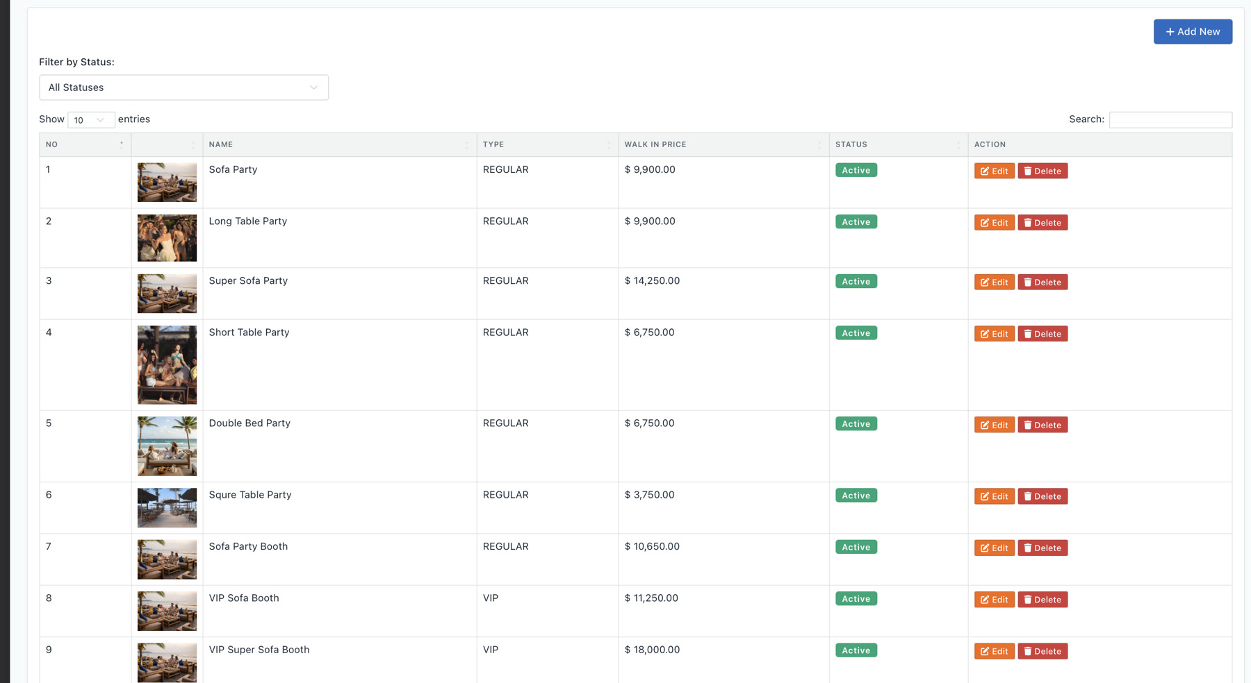 Clubtech category admin: bed and table classes — Sofa Party, Long Table, VIP Sofa Booth and more — each with type, walk-in price, active status and edit/delete actions.