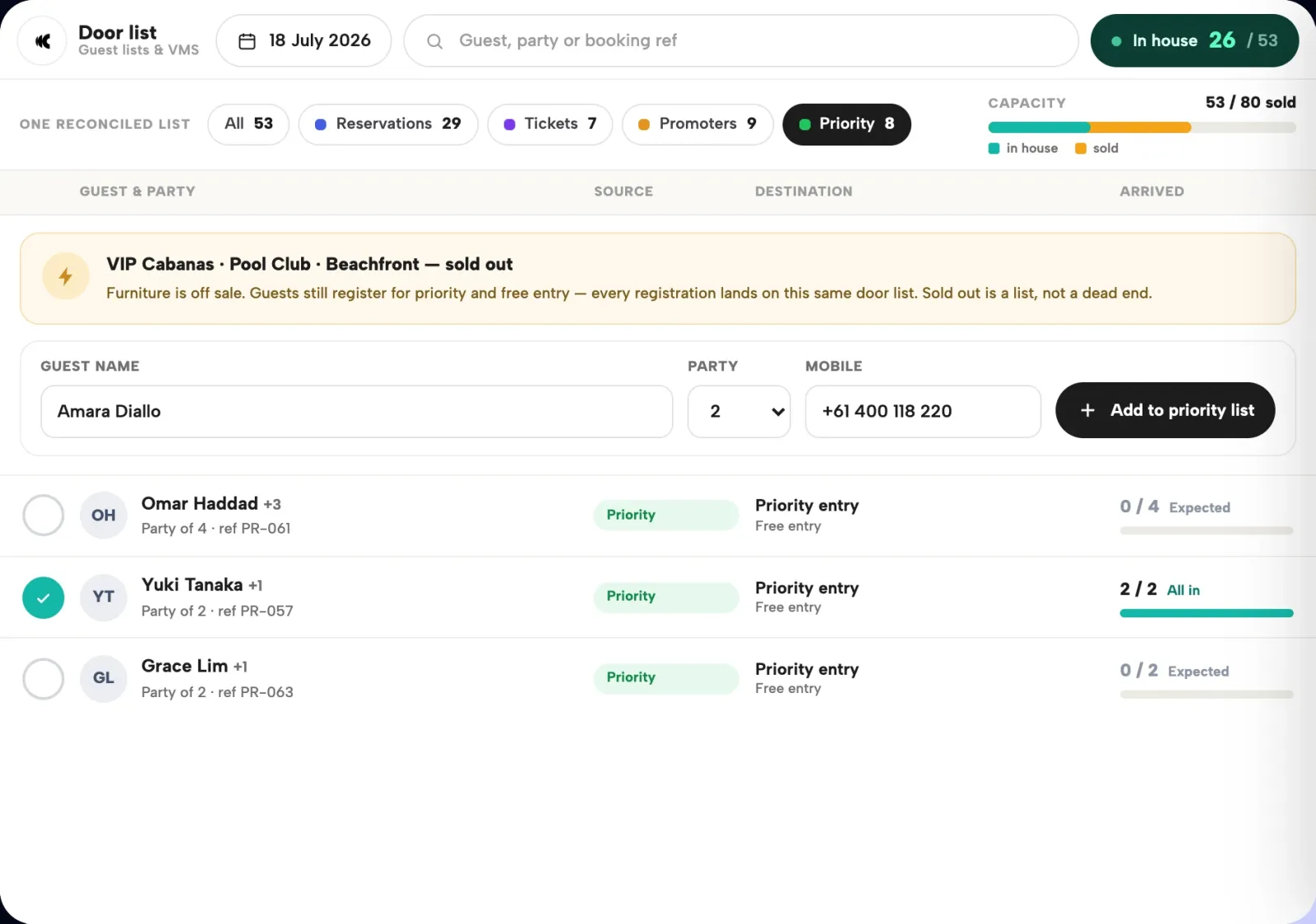 Secondary Clubtech product view for Guest lists