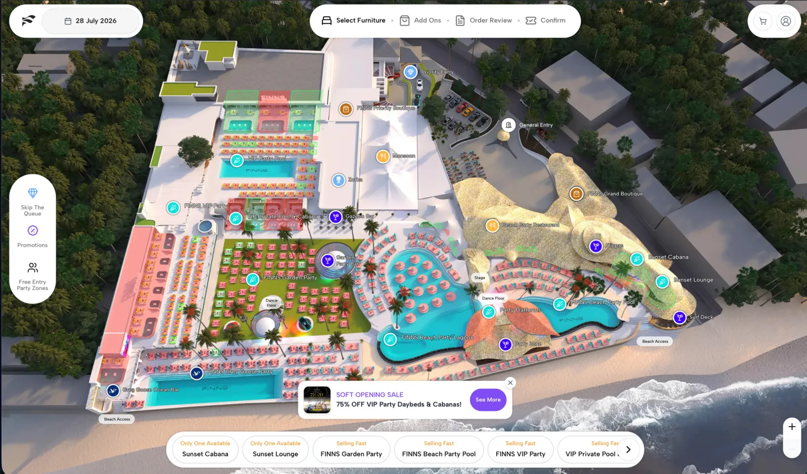 The live FINNS Beach Club booking map on Clubtech — the full Canggu venue in 3D with party pools, daybeds, and cabanas bookable in real time