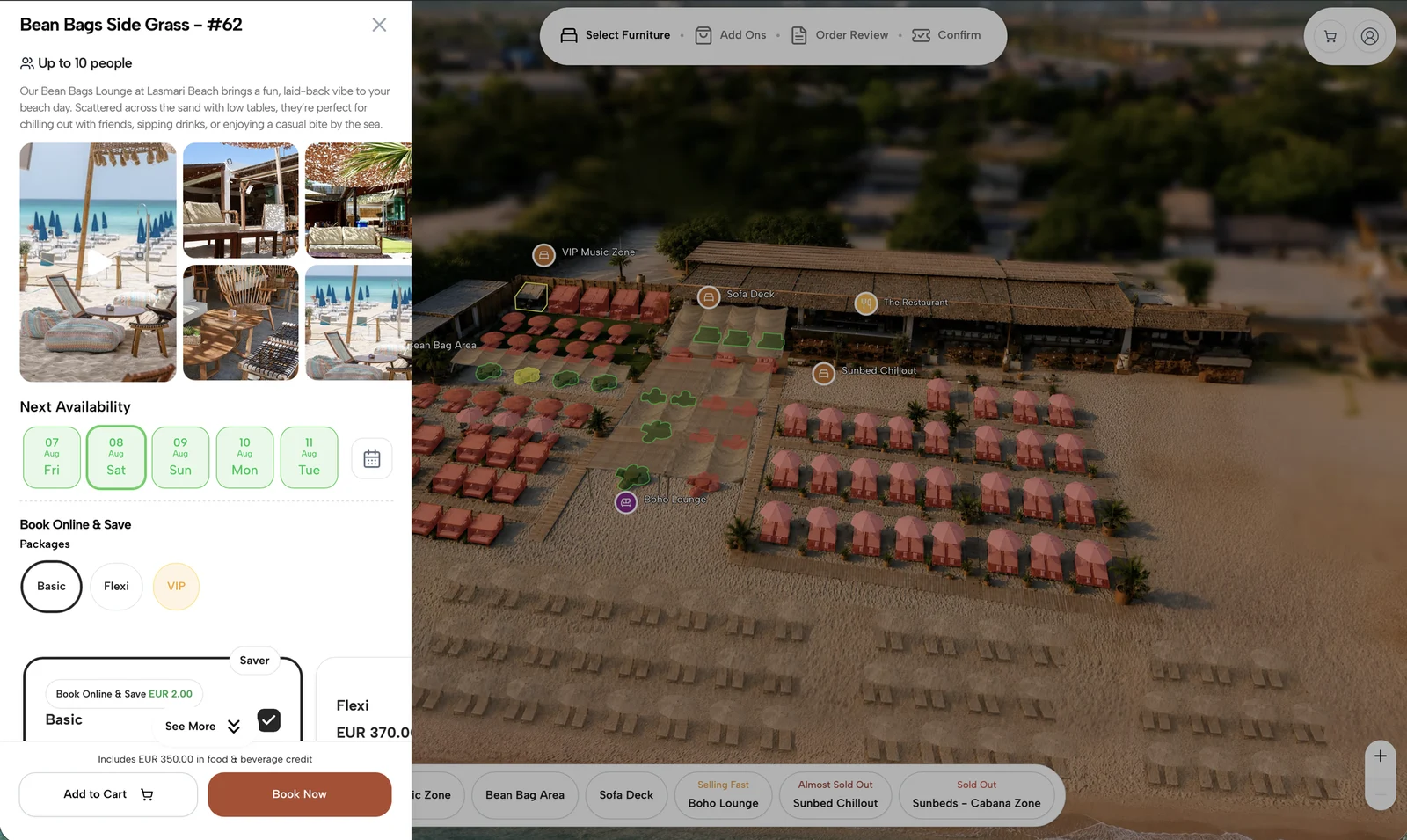 The live lasmari beach bar booking map on Clubtech — sunbeds, cabanas, bean bags, and sofa decks on the sand, bookable in real time with online-only savings