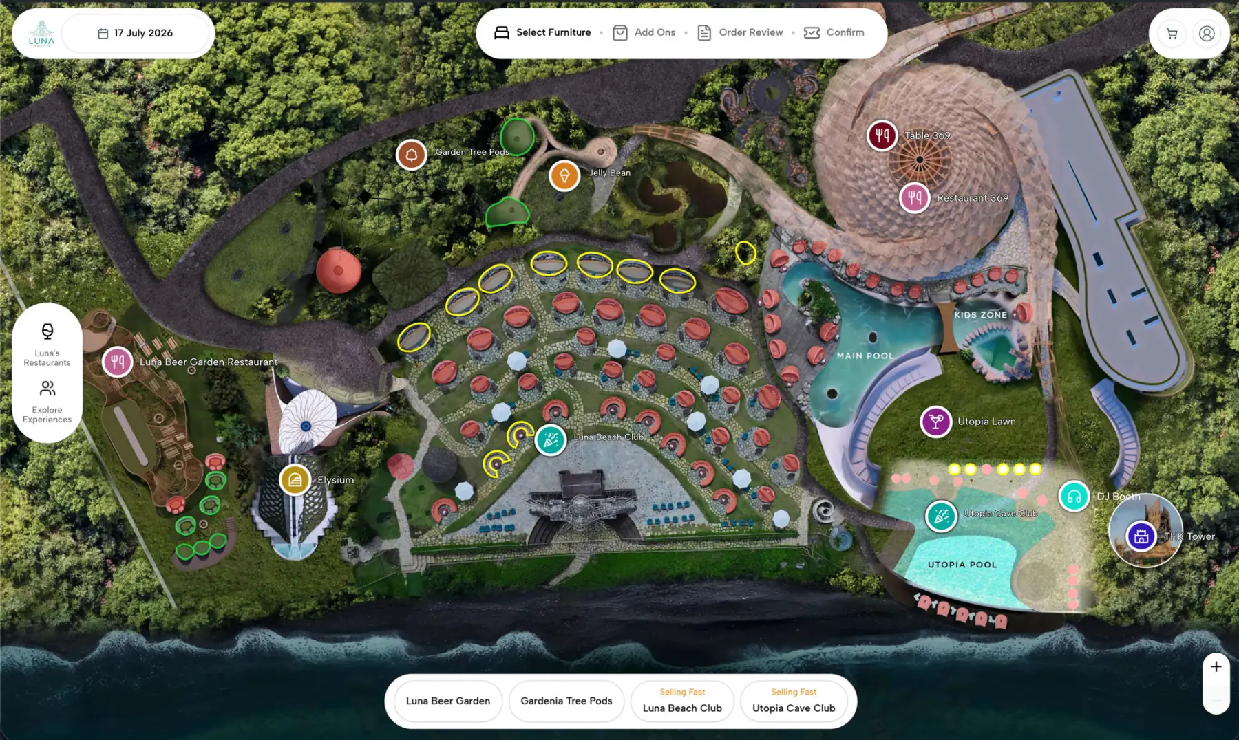Luna Beach Club's live booking map — an interactive birds-eye view of the venue: daybeds, sunbeds, cabanas, pools and restaurants with real-time availability