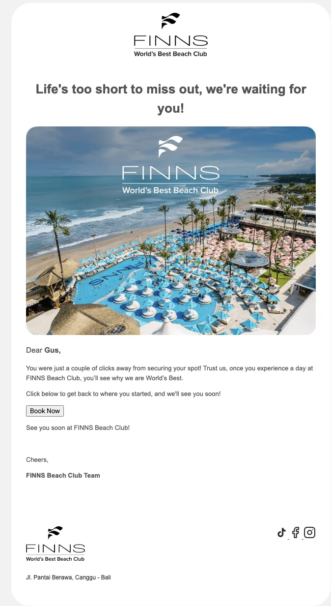 A FINNS Beach Club abandoned-booking retargeting message returning the guest to the zone, date, and price they left