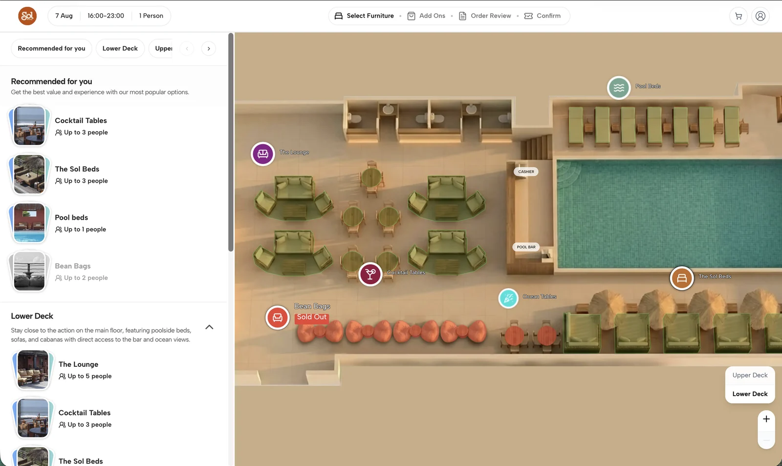 The live Sol Rooftop booking map on Clubtech — lower and upper decks with pool beds, lounges, cocktail tables, and bean bags bookable in real time