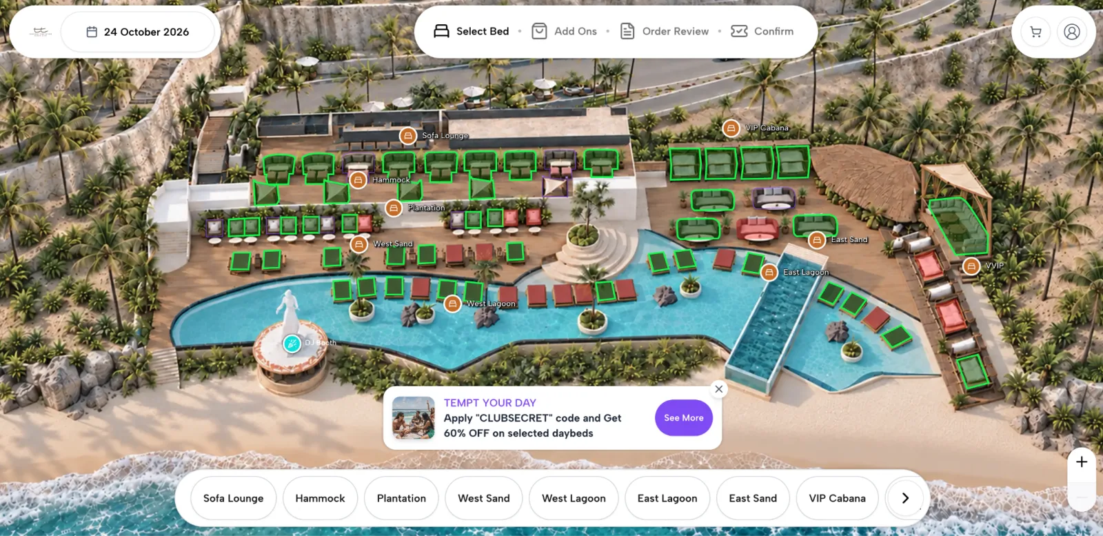 Tropical Temptation Beach Club's Clubtech booking widget — a 3D aerial map of the venue with Sofa Lounge, Hammock, Plantation, West and East Lagoon, East Sand and VIP Cabana beds to select